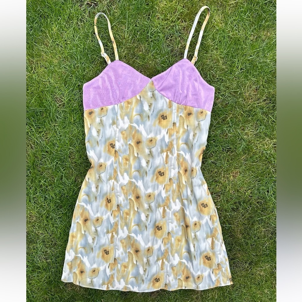Pinky Purple & Yellow Floral Mini Dress with Adjustable Straps
